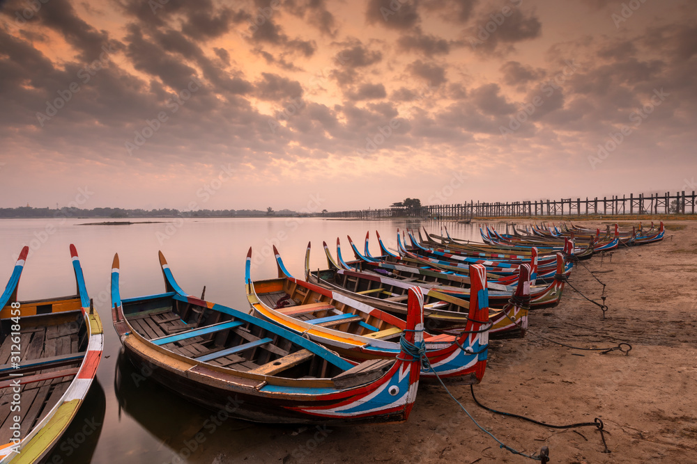ubein bridge with sunrise, Mandalay, Myanmar ubein bridge with sunrise, Mandalay, Myanmar