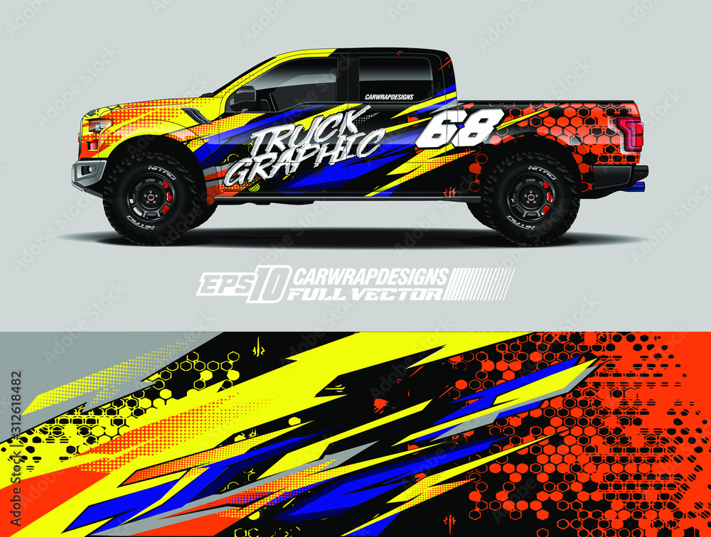 Pickup truck wrap design vector. Graphic abstract stripe racing background kit designs for wrap vehicle, race car, rally, adventure and livery. Full vector eps 10 Pickup truck wrap design vector. Graphic abstract stripe racing background kit designs for wrap vehicle, race car, rally, adventure and livery. Full vector eps 10