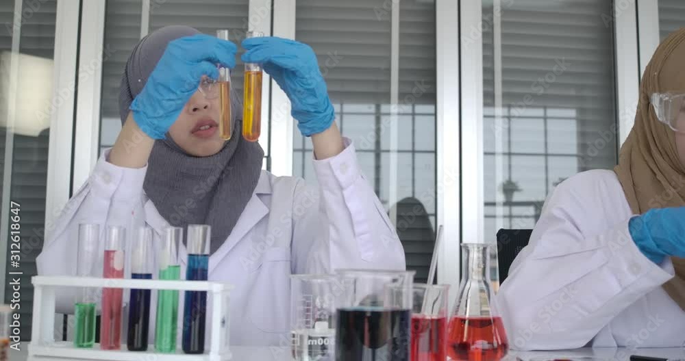 Closeup two young Muslim female researchers working happily in the ...