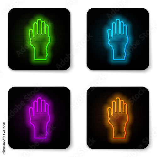 Glowing neon line Hand with psoriasis or eczema icon isolated on white background. Concept of human skin response to allergen or chronic body problem. Black square button. Vector Illustration