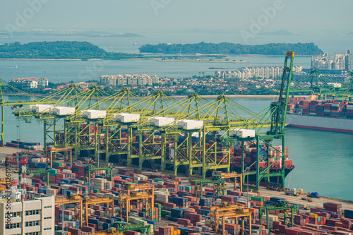 working crane loading container box in shipyard with logistics background