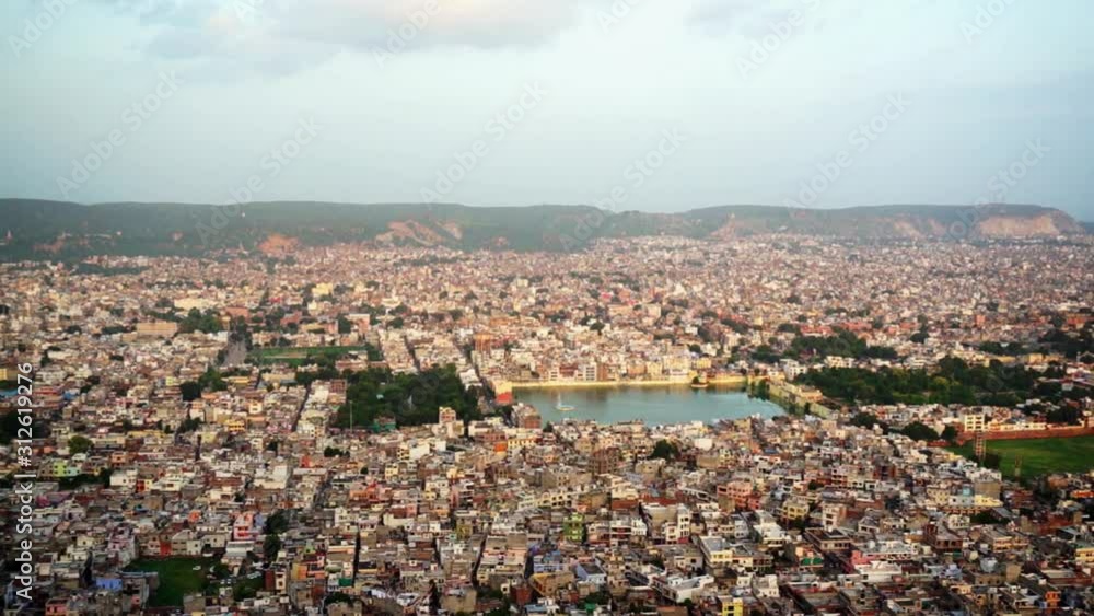 Jaipur city shot from the Nahargarh fort, show the famous govind dev temple and lake, the old walled city and many more of the famous easily identifiable landmarks Jaipur city shot from the Nahargarh fort, show the famous govind dev temple and lake, the old walled city and many more of the famous easily identifiable landmarks