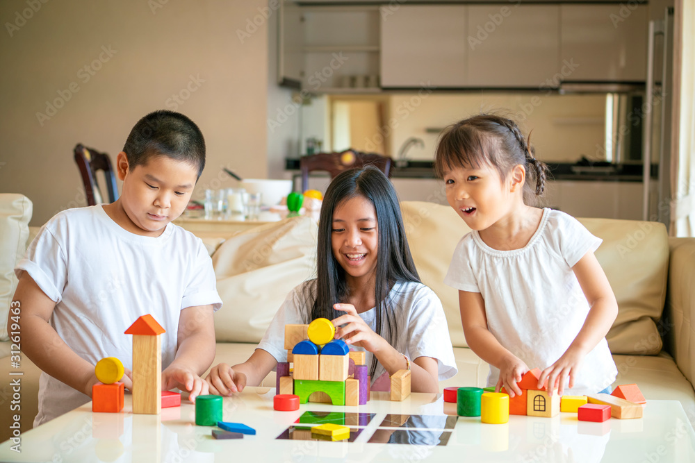 group of Asian children playing toy together at home, Asian kids concept group of Asian children playing toy together at home, Asian kids concept