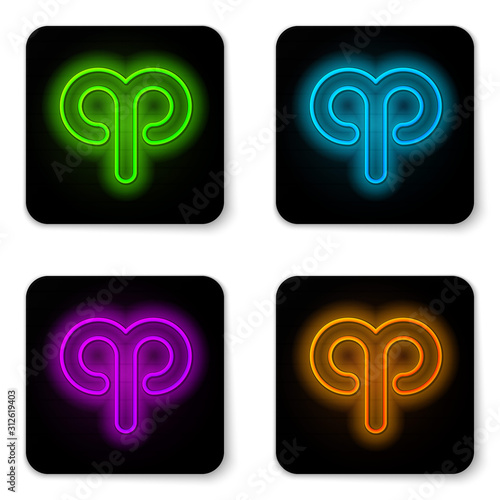 Glowing neon line Aries zodiac sign icon isolated on white background. Astrological horoscope collection. Black square button. Vector Illustration
