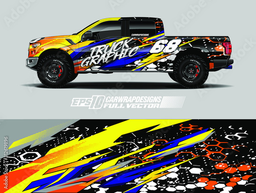 Pickup truck wrap design vector. Graphic abstract stripe racing background kit designs for wrap vehicle, race car, rally, adventure and livery. Full vector eps 10