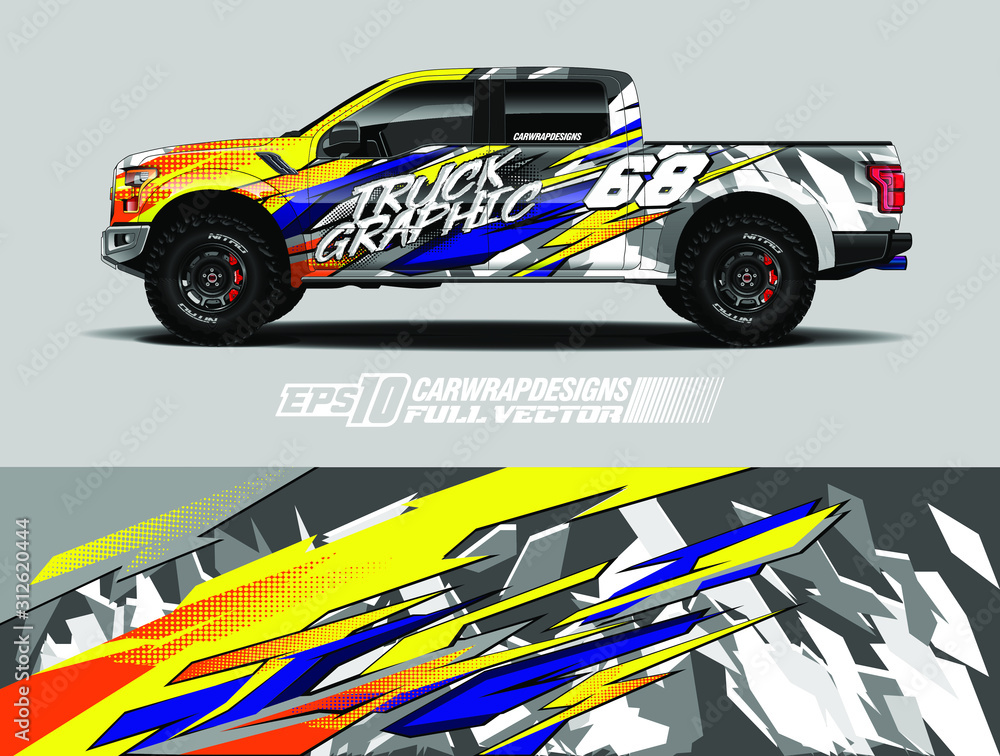 Pickup truck wrap design vector. Graphic abstract stripe racing background kit designs for wrap vehicle, race car, rally, adventure and livery. Full vector eps 10 Pickup truck wrap design vector. Graphic abstract stripe racing background kit designs for wrap vehicle, race car, rally, adventure and livery. Full vector eps 10
