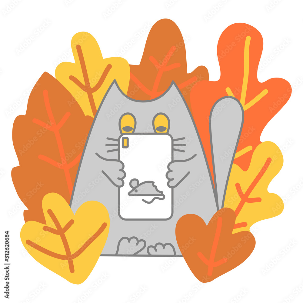 Hand drawn cute grey cat with phone among plants. Kitten character isolated on white background. Cartoon style Vector illustration. Hand drawn cute grey cat with phone among plants. Kitten character isolated on white background. Cartoon style Vector illustration.