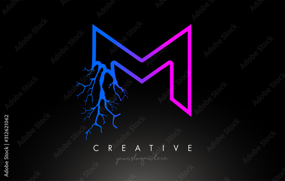 Tree Letter M Design Logo with Purple Blue Tree Branch. M Letter Tree Icon Logo