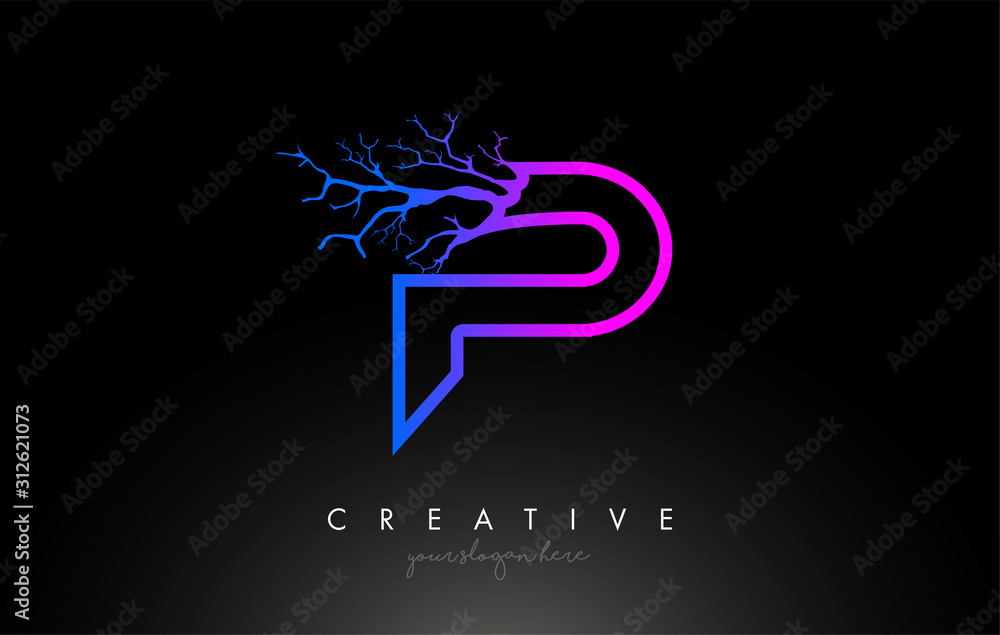 Tree Letter P Design Logo with Purple Blue Tree Branch. P Letter Tree Icon Logo - obrazy, fototapety, plakaty 