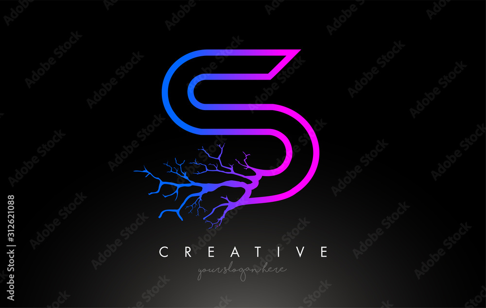 Tree Letter S Design Logo with Purple Blue Tree Branch. S Letter Tree Icon Logo Tree Letter S Design Logo with Purple Blue Tree Branch. S Letter Tree Icon Logo
