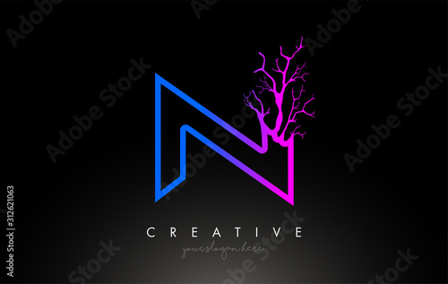 Tree Letter N Design Logo with Purple Blue Tree Branch. N Letter Tree Icon Logo
