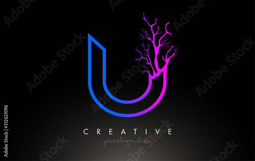 Tree Letter U Design Logo with Purple Blue Tree Branch. U Letter Tree Icon Logo