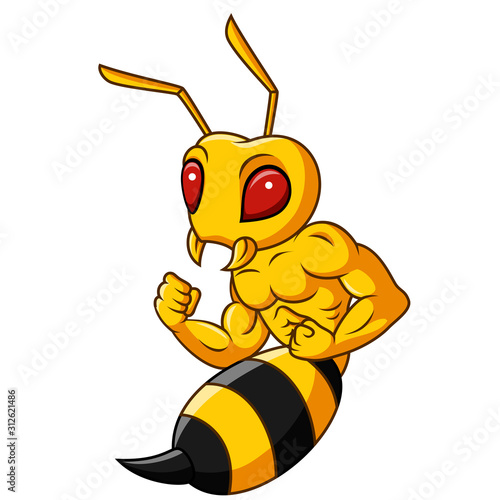 Cartoon muscular hornet mascot isolated on white background