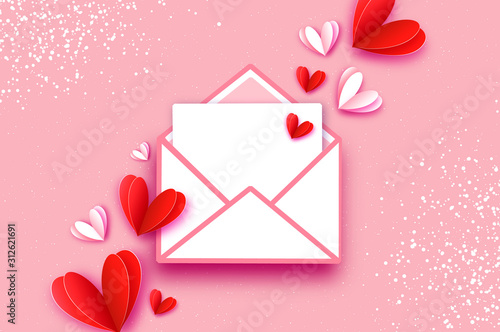 Origami Red, White hearts. Valentines postcard with wings in paper cut style. Romantic Holidays. Love. 14 February. Vector
