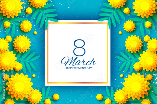 Yellow Mimosa. Beautiful origami silver wattle branches. Original Floral bouquet. Happy Womens Day, Mothers Day or Birthday. 8 March. Spring. Paper cut style. Square frame. Blue background.