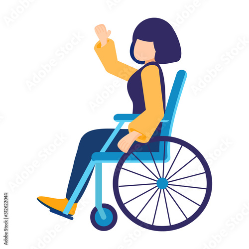 Young caucasian disabled woman sitting in wheelchair. Happy girl living with disability. Equal opportunities concept. Handicapped character. Vector illustration isolated.