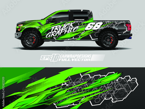 Pickup truck wrap design vector. Graphic abstract stripe racing background kit designs for wrap vehicle, race car, rally, adventure and livery. Full vector eps 10