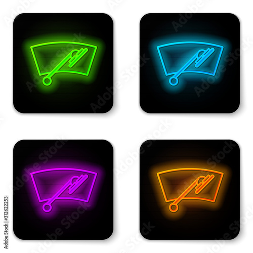 Glowing neon line Windscreen wiper icon isolated on white background. Black square button. Vector Illustration