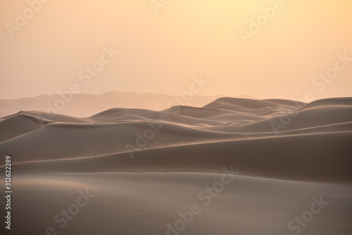 Abstract view of sand dunes in the desert at sunrise. Liwa desert, Empty Quarter, United Arab Emirates.