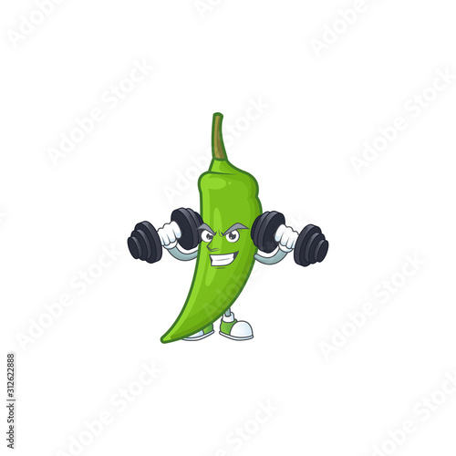 Fitness exercise green chili mascot icon with barbells