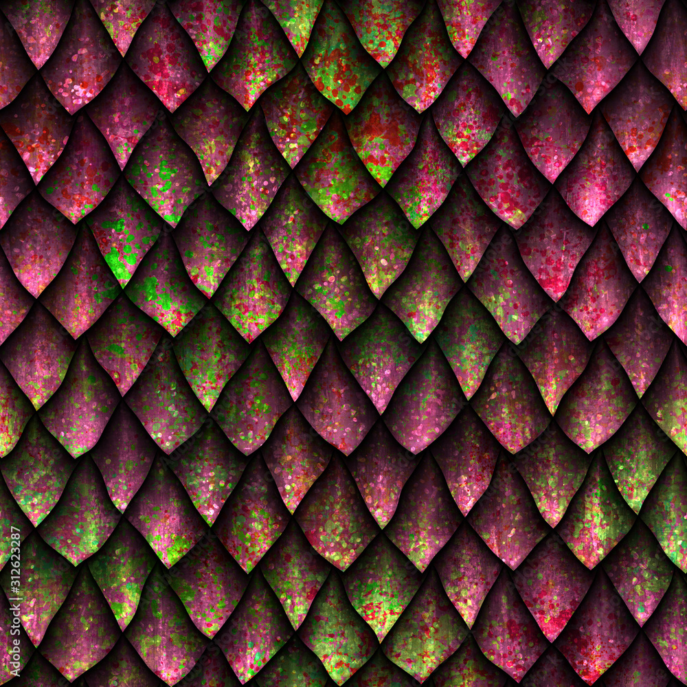Fototapeta Seamless texture of dragon scales with pink and green grunge pattern, reptile skin, 3d illustration
