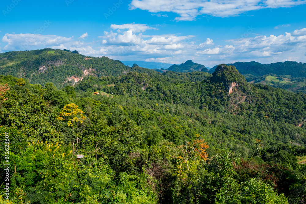 Beautiful scenic landscape mountain and nature at Ban Jabo, Mae Hong Son, Thailand.