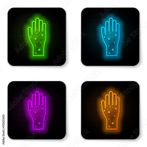 Glowing neon line Hand with psoriasis or eczema icon isolated on white background. Concept of human skin response to allergen or chronic body problem. Black square button. Vector Illustration