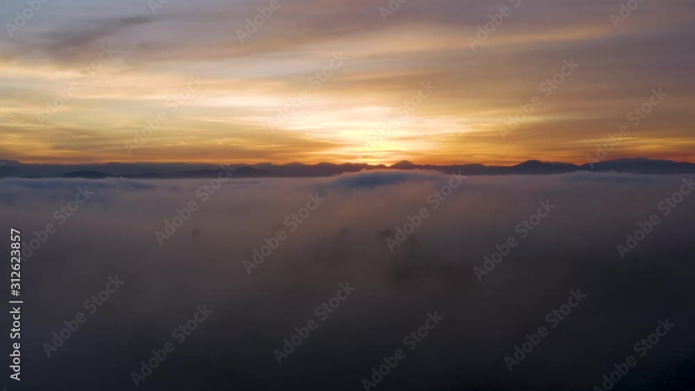 4K aerial sunset. Sunset above the clouds! The camera pushes forward and pans down over a sea of fog to focus on a grove of palm trees partially obscured. 4K aerial sunset. Sunset above the clouds! The camera pushes forward and pans down over a sea of fog to focus on a grove of palm trees partially obscured.