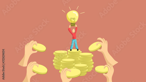 Crowdfunding vector illustration. Fundraising for new innovative idea. Investment for startup. Entrepreneur and contributor sponsorship. flat design