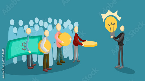 Crowdfunding vector illustration. Fundraising for new innovative idea. Investment for startup. Entrepreneur and contributor sponsorship. flat design