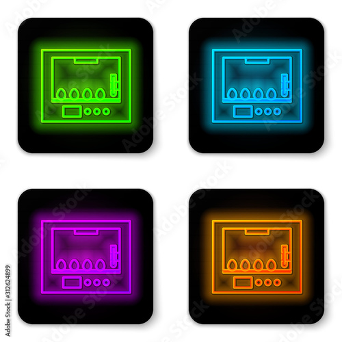 Glowing neon line Incubator for eggs icon isolated on white background. Black square button. Vector Illustration