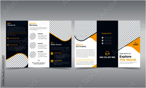Travel tri-fold brochure flyer layout design template with creative shape