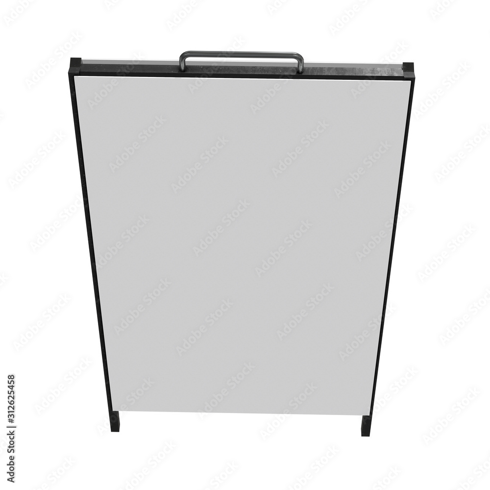 Sandwich board with metal parts. Blank menu outdoor display with clipping path. Trade show booth white and blank. 3d render isolated on white background. High Resolution Template for your design. Sandwich board with metal parts. Blank menu outdoor display with clipping path. Trade show booth white and blank. 3d render isolated on white background. High Resolution Template for your design.