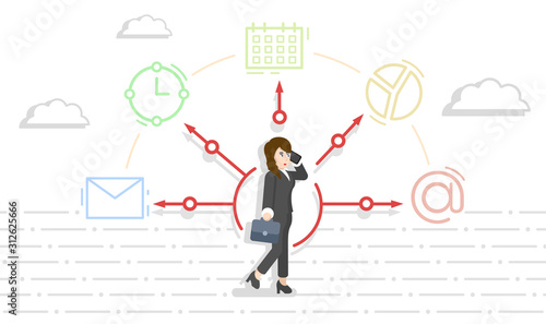 Businesswoman with office icons in the background. Multitasking and time management. The concept of effective management. Vector illustration.