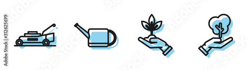 Set line Plant in hand of environmental protection, Lawn mower, Watering can and Tree in hand of environmental protection icon. Vector