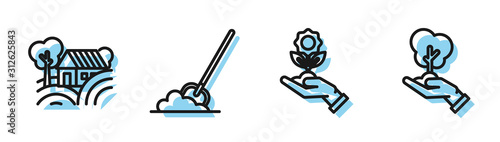 Set line Hand holding flower, Farm House concept, Shovel in the ground and Tree in hand of environmental protection icon. Vector