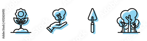 Set line Garden trowel spade or shovel, Flower, Tree in hand of environmental protection and Trees icon. Vector
