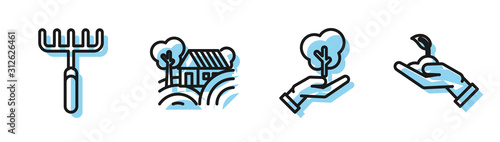 Set line Tree in hand of environmental protection, Garden rake, Farm House concept and Sprout in hand of environmental protection icon. Vector