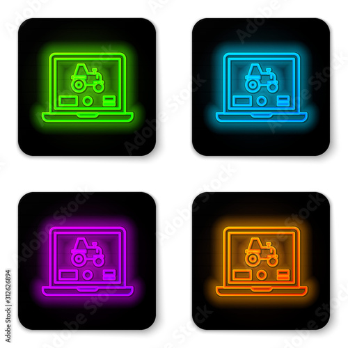 Glowing neon line Laptop application for control a autonomous tractor on a smart farm icon isolated on white background. Smart agriculture implement. Black square button. Vector Illustration