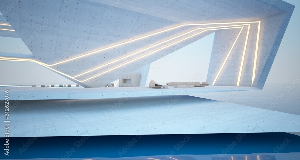 Fototapeta premium Abstract architectural concrete, wood and glass interior of a modern villa on the sea with swimming pool and neon lighting. 3D illustration and rendering.