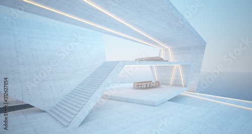 Abstract architectural concrete, wood and glass interior of a modern villa on the sea with swimming pool and neon lighting. 3D illustration and rendering.