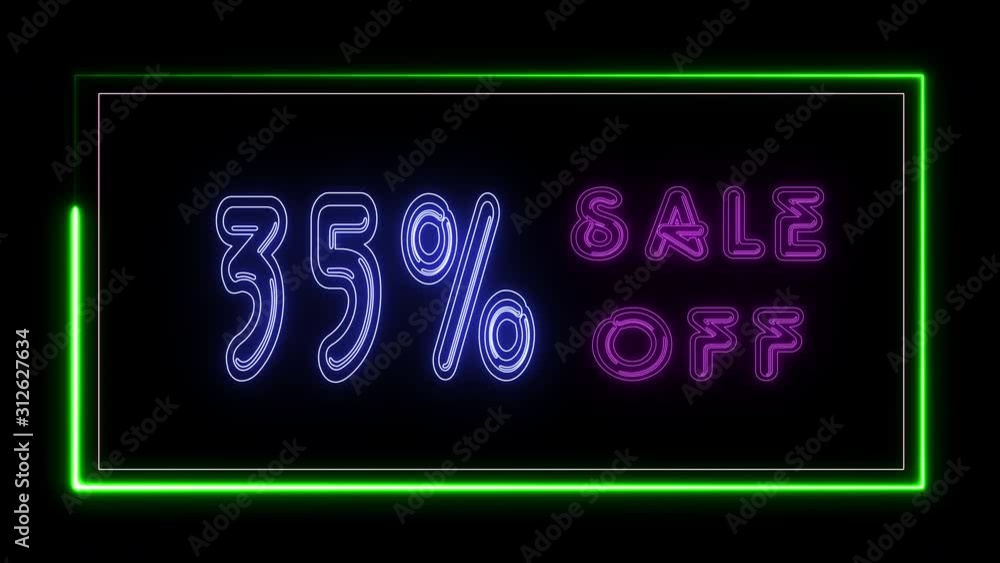 35% sale off neon sign fluorescent light glowing on banner background. Text 35 % sale off by neon lights signboard at night. The best stock neon flickering, flash and blinking color black background 35% sale off neon sign fluorescent light glowing on banner background. Text 35 % sale off by neon lights signboard at night. The best stock neon flickering, flash and blinking color black background