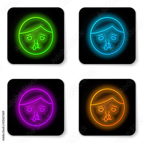 Glowing neon line Runny nose icon isolated on white background. Rhinitis symptoms, treatment. Nose and sneezing. Nasal diseases. Black square button. Vector Illustration