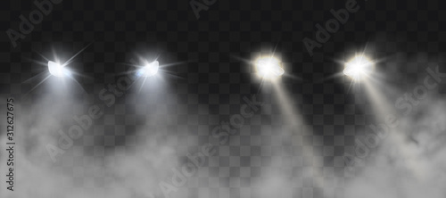 Car headlights shining on road in fog at night. Vector realistic set of front triangle lamps flares and glow beams in darkness with smoke isolated on transparent background
