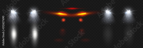 Car headlights shining in snow and rain with reflection on wet road at night. Vector realistic set of glowing white front and red back lamps flares in darkness isolated on transparent background