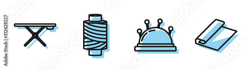 Set line Needle bed and needles, Ironing board, Sewing thread on spool and Textile fabric roll icon. Vector