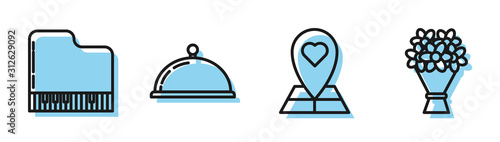 Set line Map pointer with heart, Grand piano, Covered with a tray of food and Bouquet of flowers icon. Vector