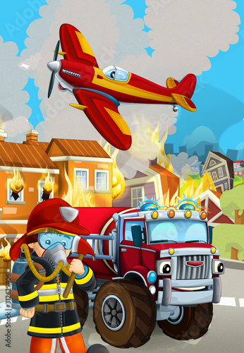 cartoon scene with fireman car vehicle near burning building - illustration for children