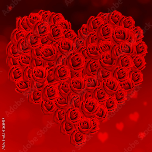 set of red roses forming a heart on abstract red light background