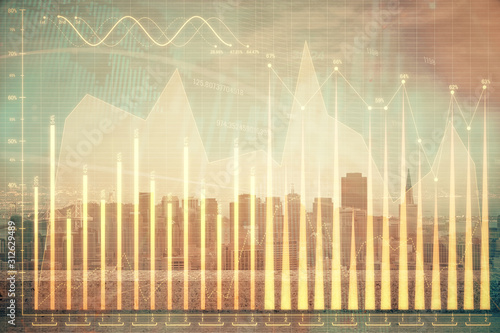 Forex graph on city view with skyscrapers background multi exposure. Financial analysis concept. © peshkova